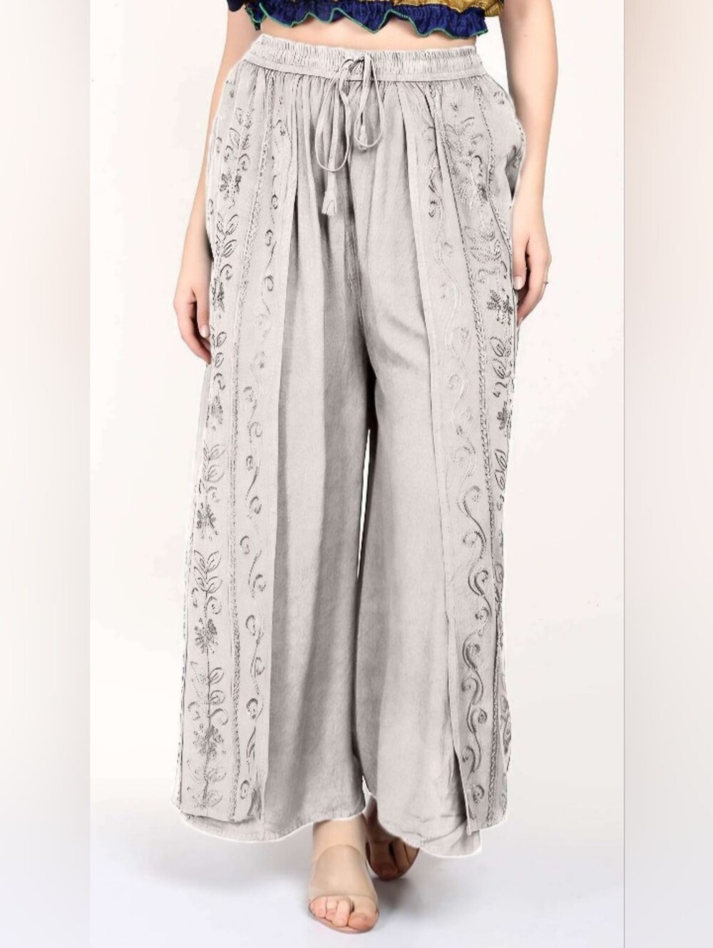 Embroidered Wide-Leg Linen Blend Pants - Khaki
